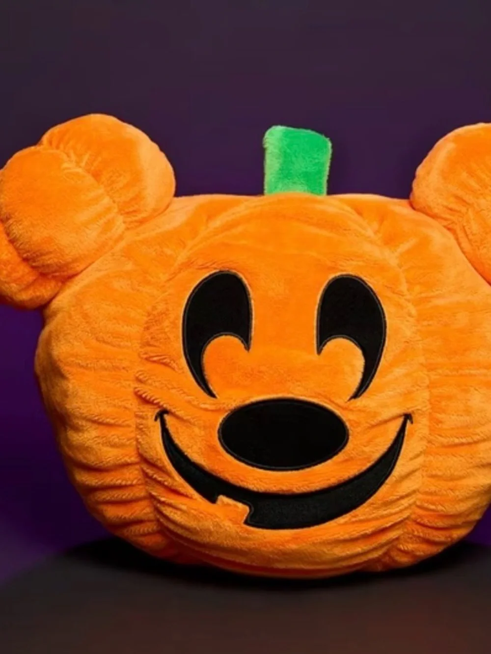 Disney Orange Pumpkin Mickey Plush with Black Facial Details and Green Stem